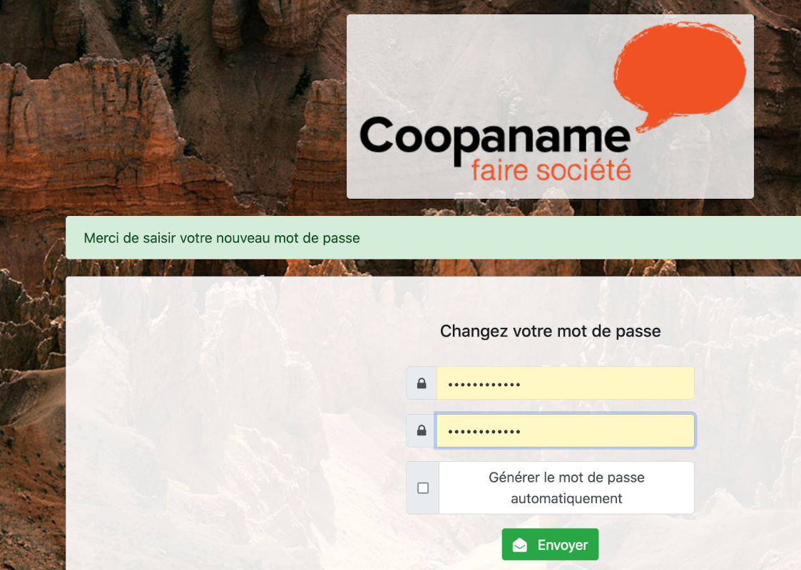 Page « Changez votre mot de passe » du portail de Coopaname